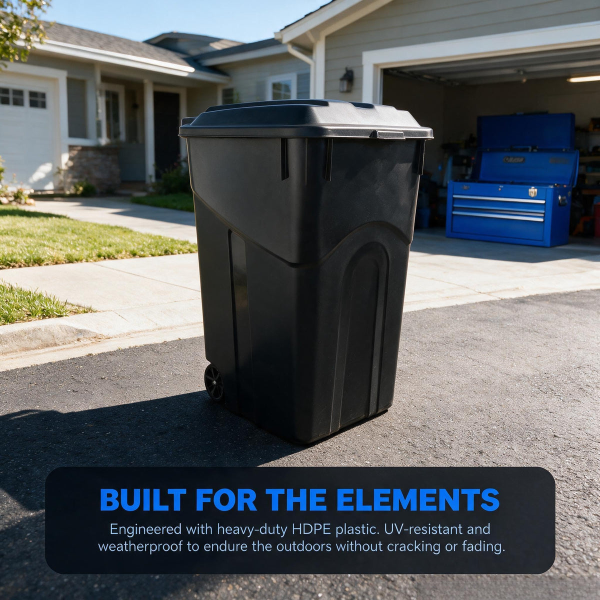45 Gallon Black Outdoor Trash Can with Wheels and Attached Lid C8254