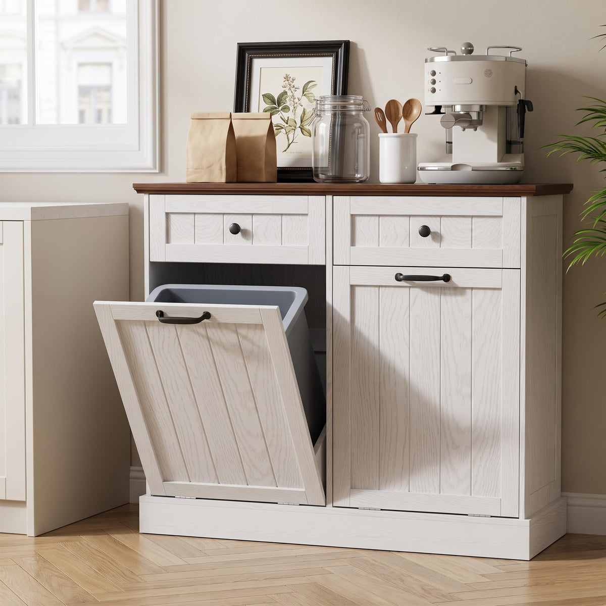 White 2x10 Gallons Tilt Out Trash Can Cabinet M8953