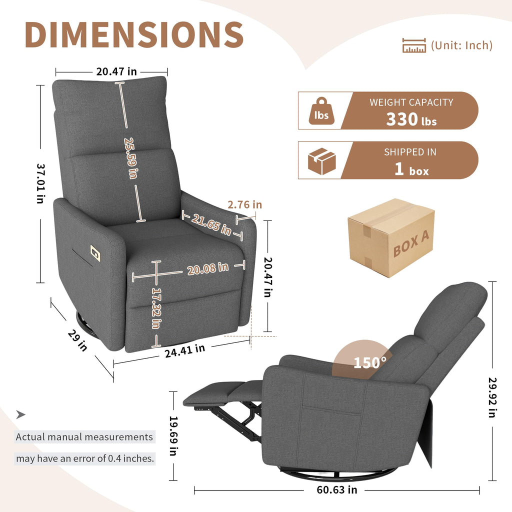 Dark Gray Velvet Swivel Recliner Chair I704
