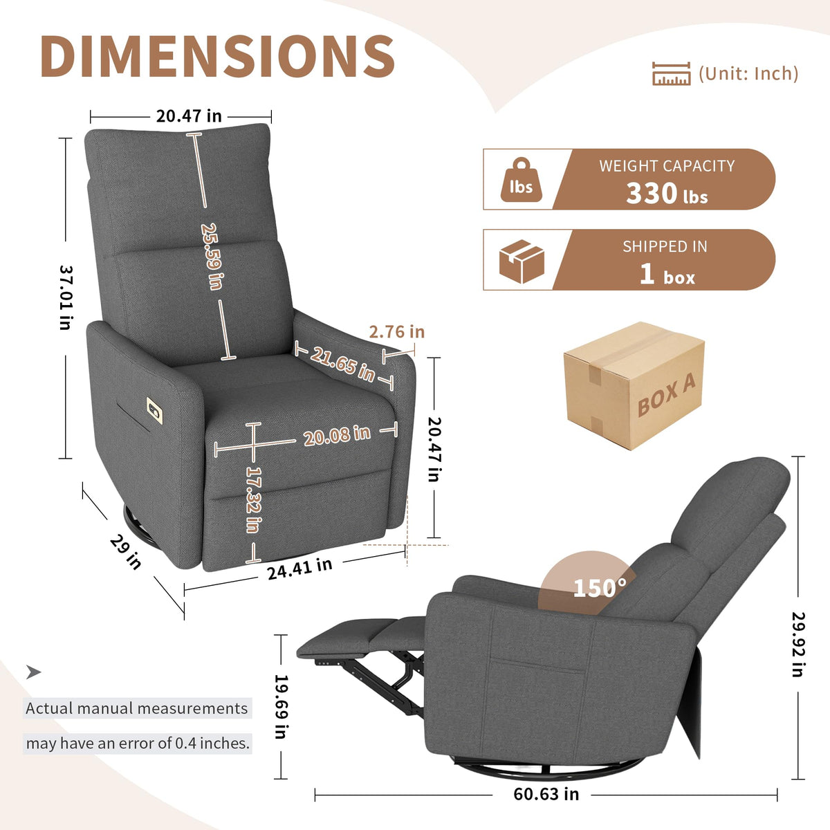 Dark Gray Velvet Swivel Recliner Chair I704