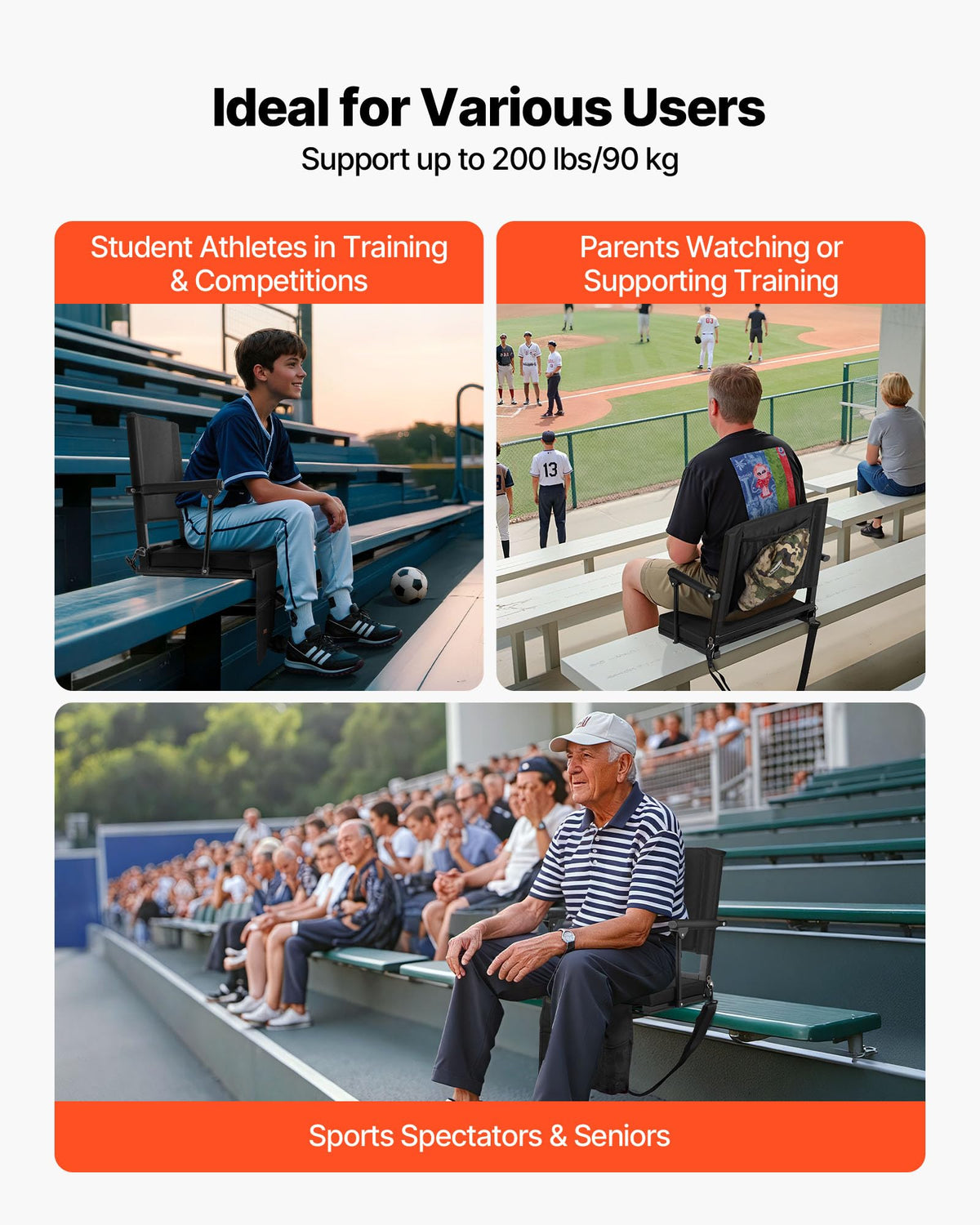 Portable Bleacher Seat with Armrest, Back Support and Cup Holder, Black U55080