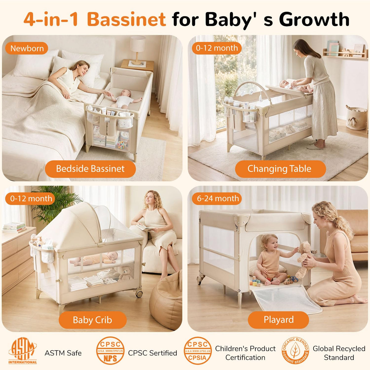 4 in 1 Foldable Pack and Play with Bassinet and Changing Table, Beige Q43493