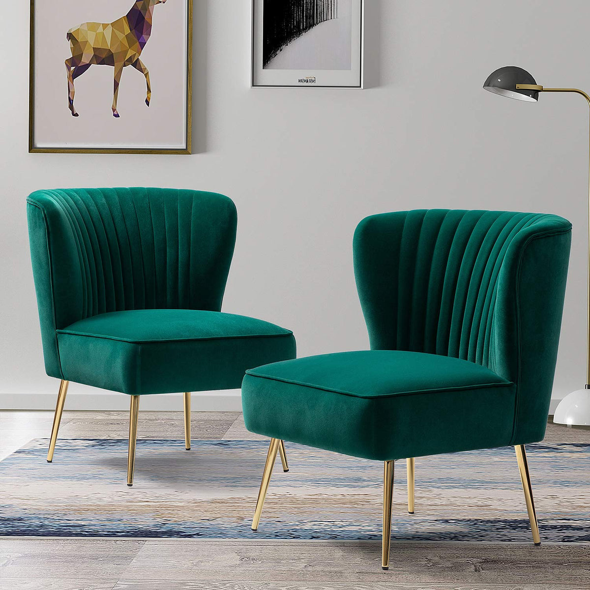 Velvet Accent Chair Set of 2 Emerald Green Wingback Armless Slipper Chair H6854