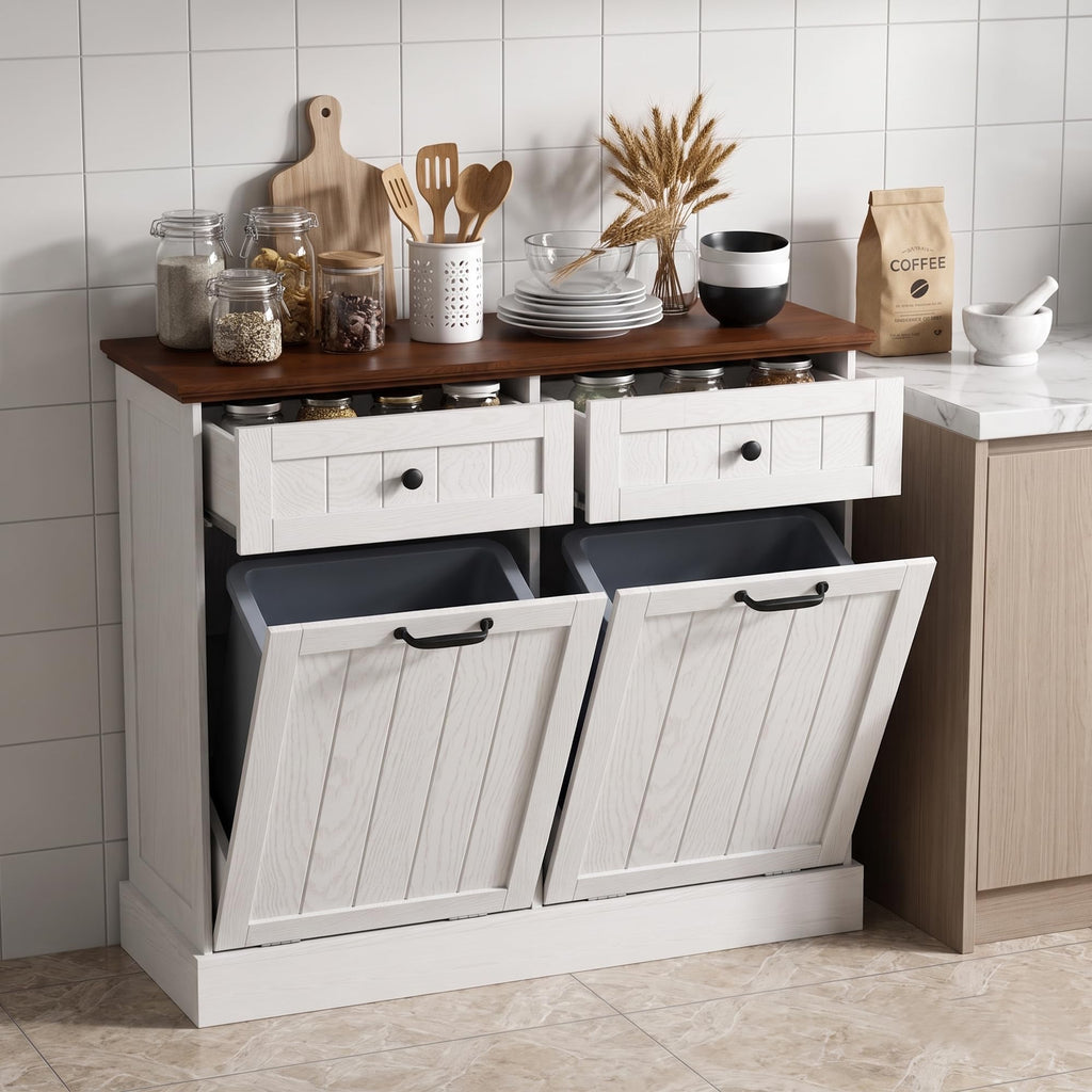 White 2x10 Gallons Tilt Out Trash Can Cabinet M8953
