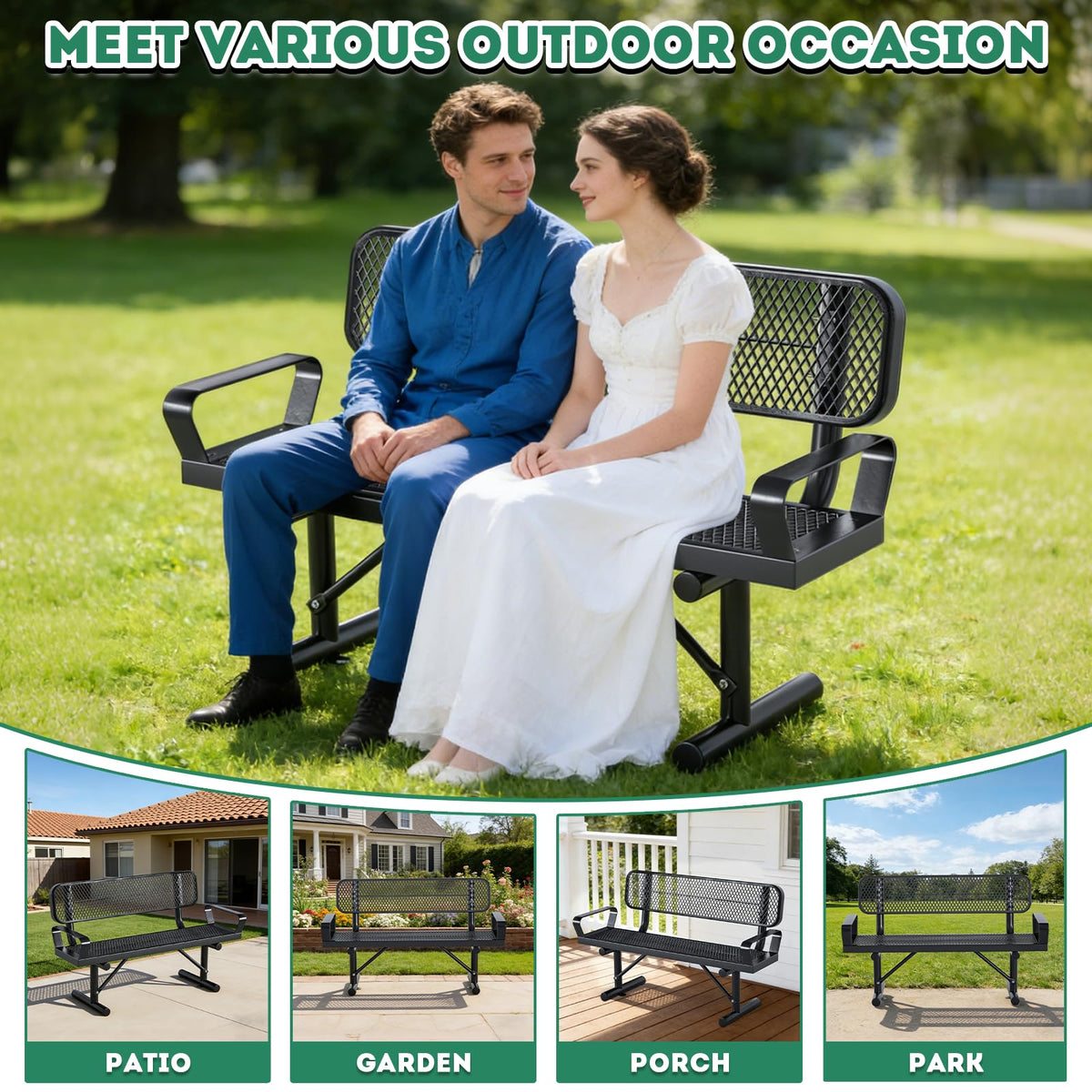4FT Black Metal Garden Bench with Backrest O57161