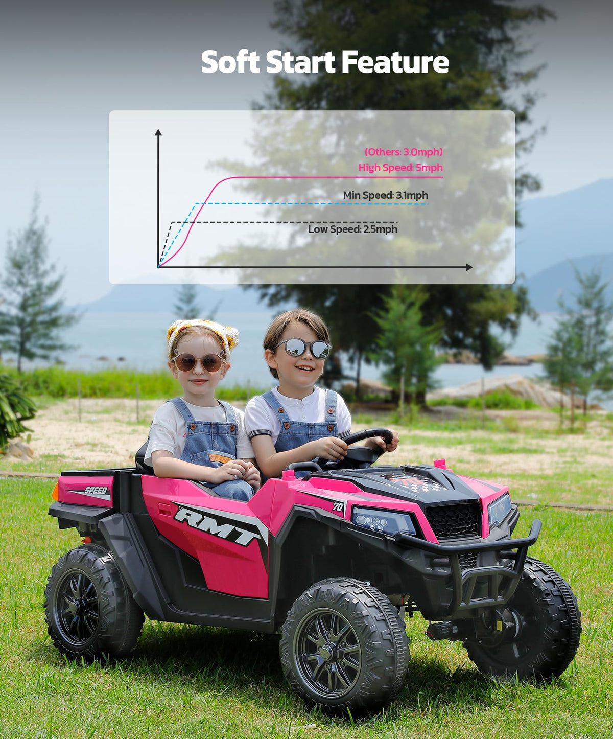 24V 2 Seater Ride on Car with Sun Shade Dump Bed Shovel Hot Pink X2957