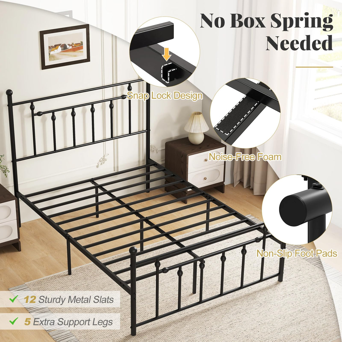 Black Full Size Metal Bed Frame with Headboard & Footboard H565