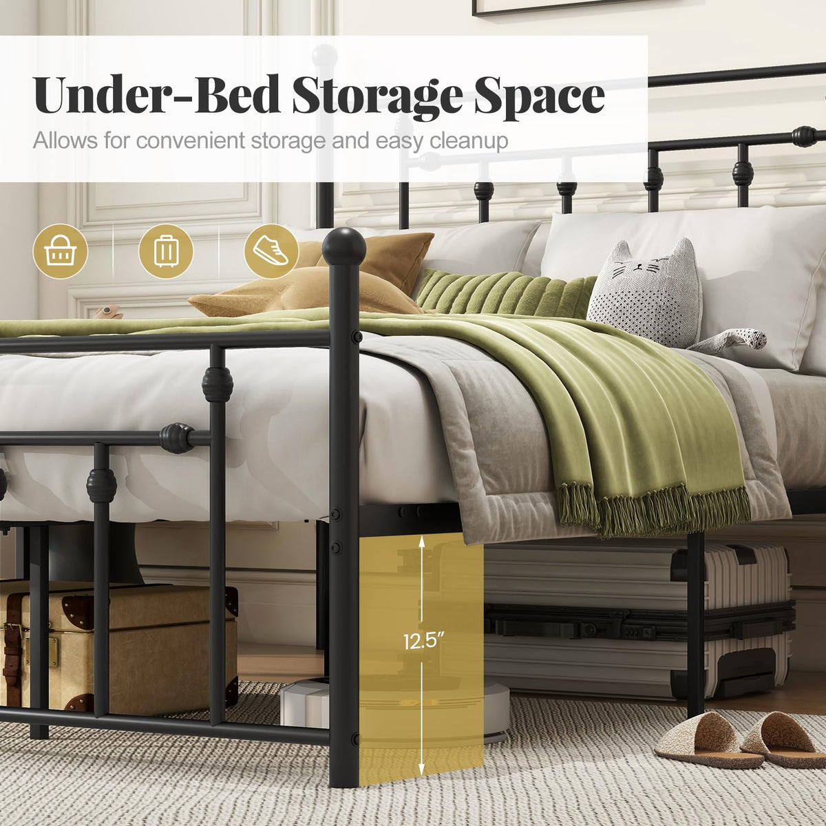 Black Full Size Metal Bed Frame with Headboard & Footboard H565