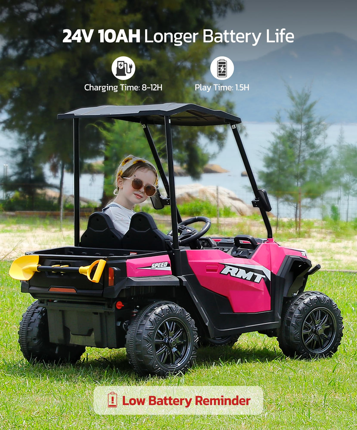 24V 2 Seater Ride on Car with Sun Shade Dump Bed Shovel Hot Pink X2957