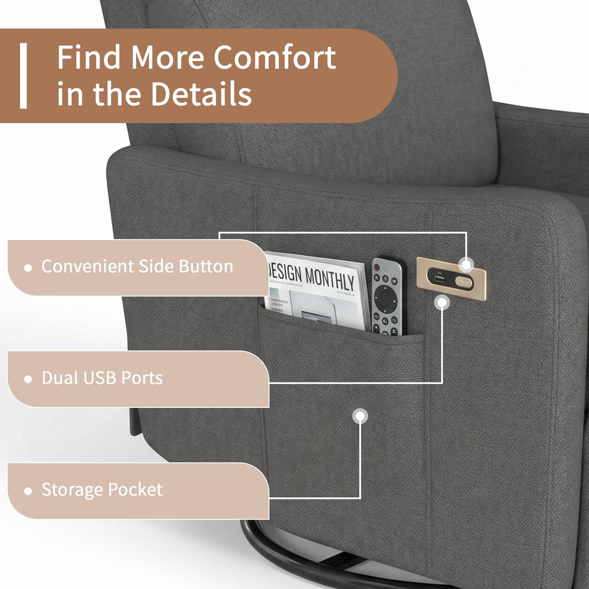 Dark Gray Velvet Swivel Recliner Chair I704