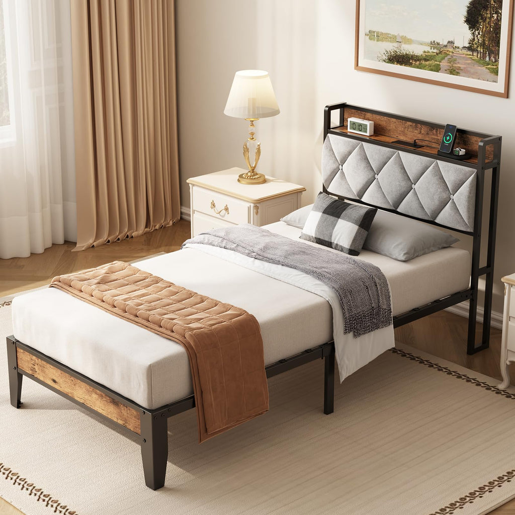 Twin Bed Frame with Upholstered Storage Headboard and USB Charging Station S7607