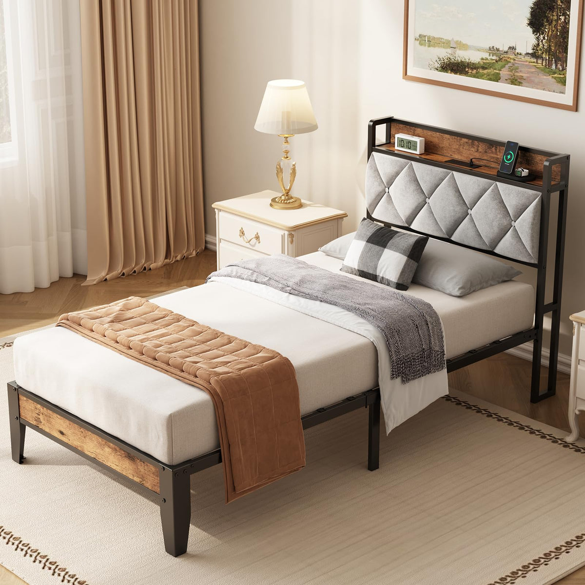 Twin Bed Frame with Upholstered Storage Headboard and USB Charging Station S7607