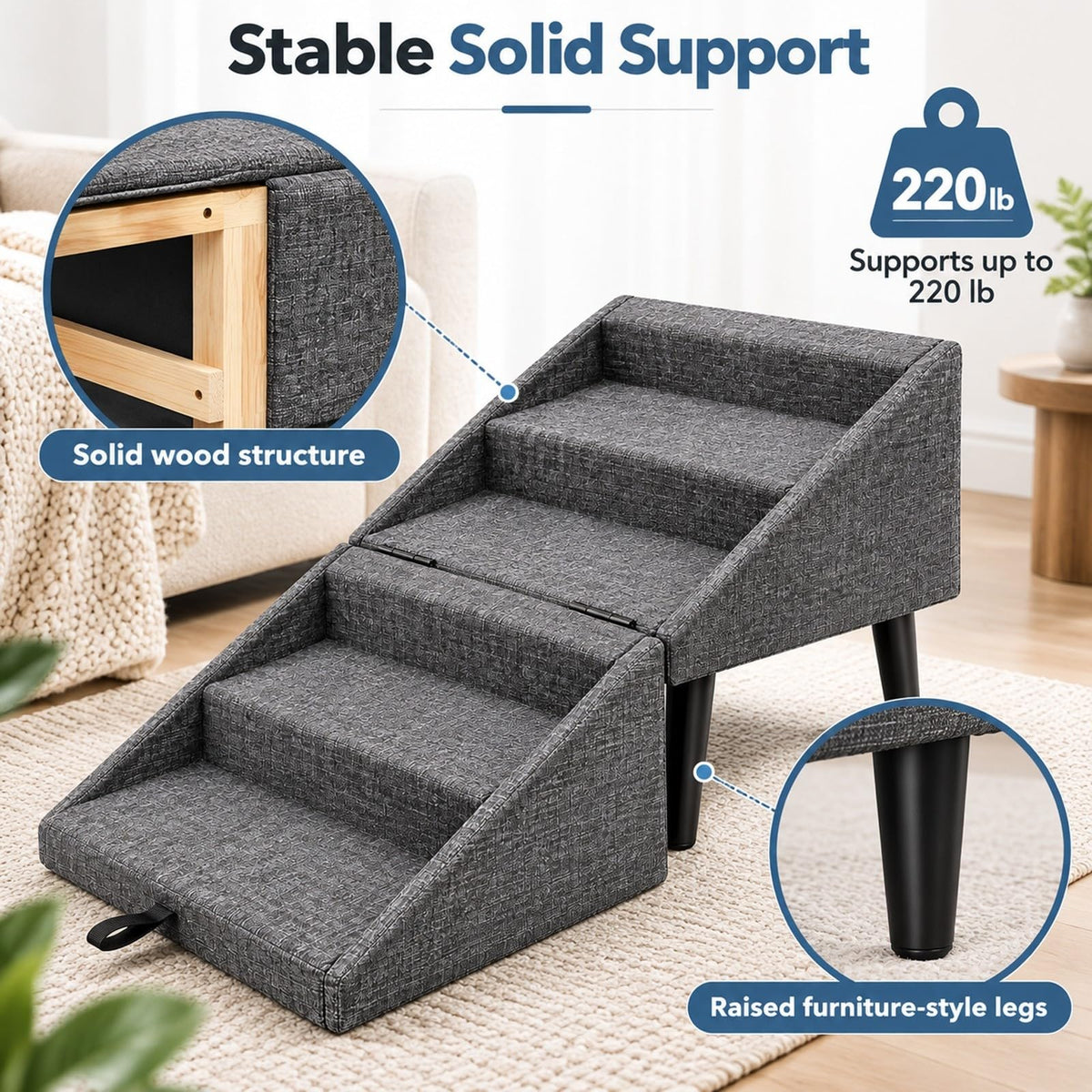 Foldable Dog Stairs Ottoman 2 in 1 Pet Steps with Storage S2836