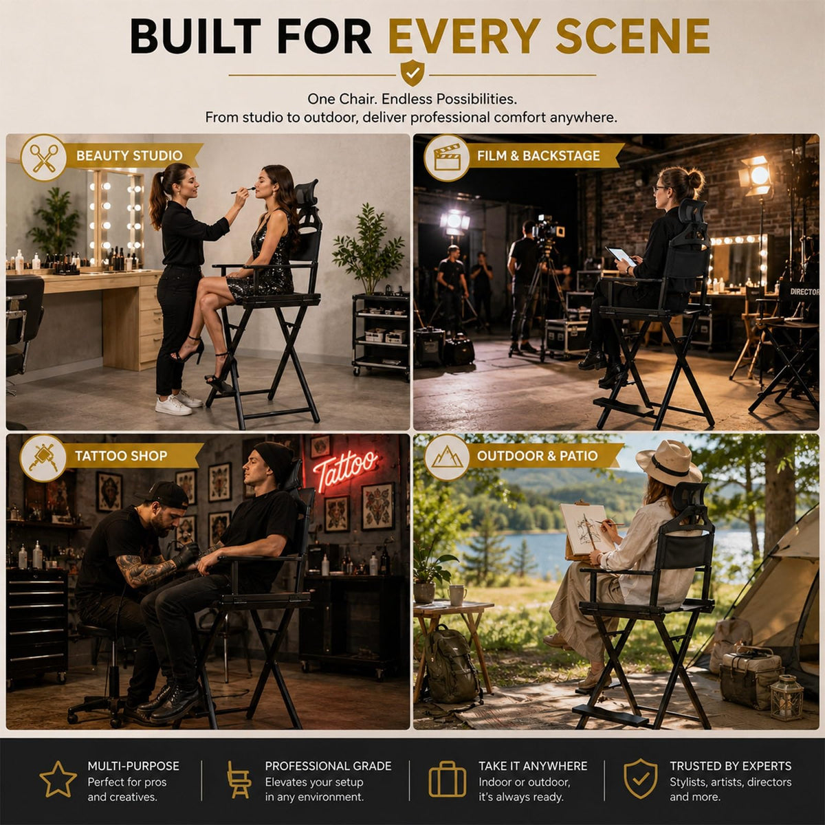 Gold Extra Tall Foldable Makeup Chair C446