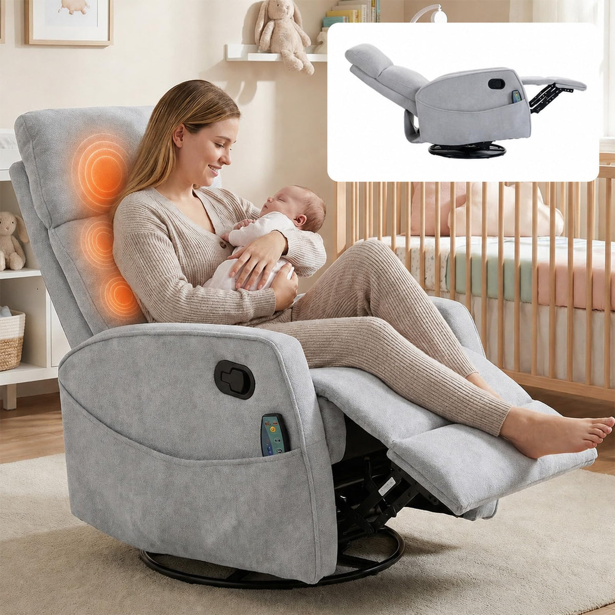 Small White Velvet Recliner Rocking Chair with Heat and Massage D495