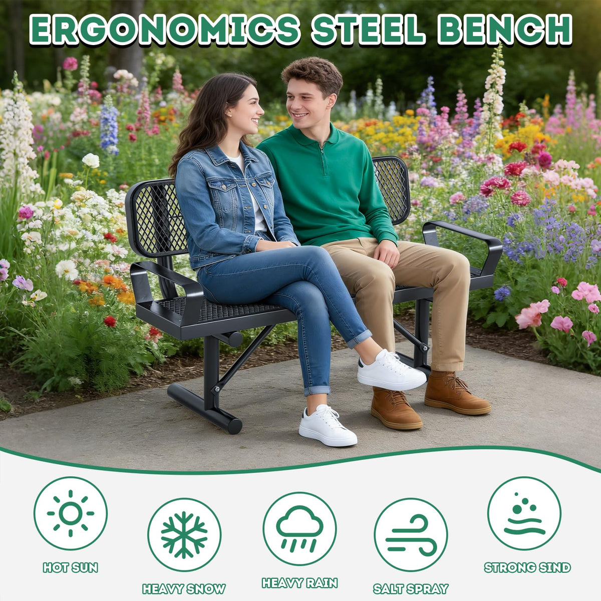 4FT Black Metal Garden Bench with Backrest O57161