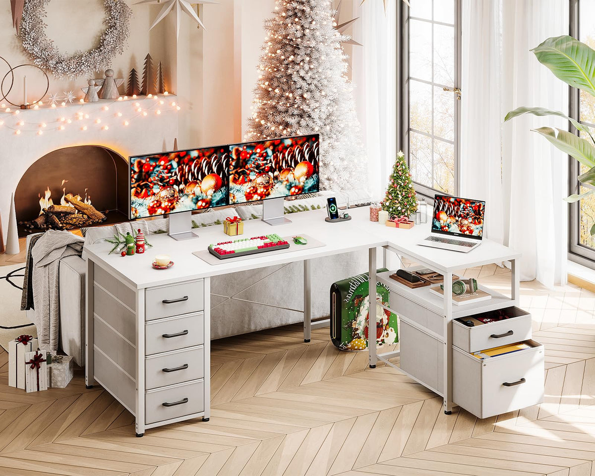 55 Inch L Shaped Office Desk with 6 Drawers White Y81167