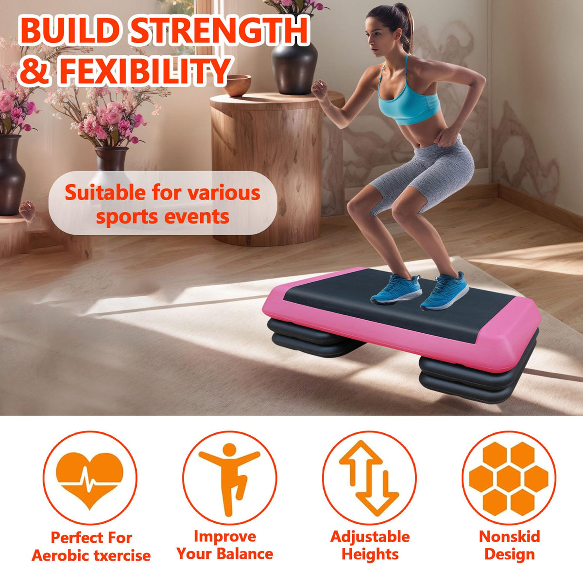 43" Adjustable Aerobic Step Platform with 4 Risers, 550 LBS Capacity F467