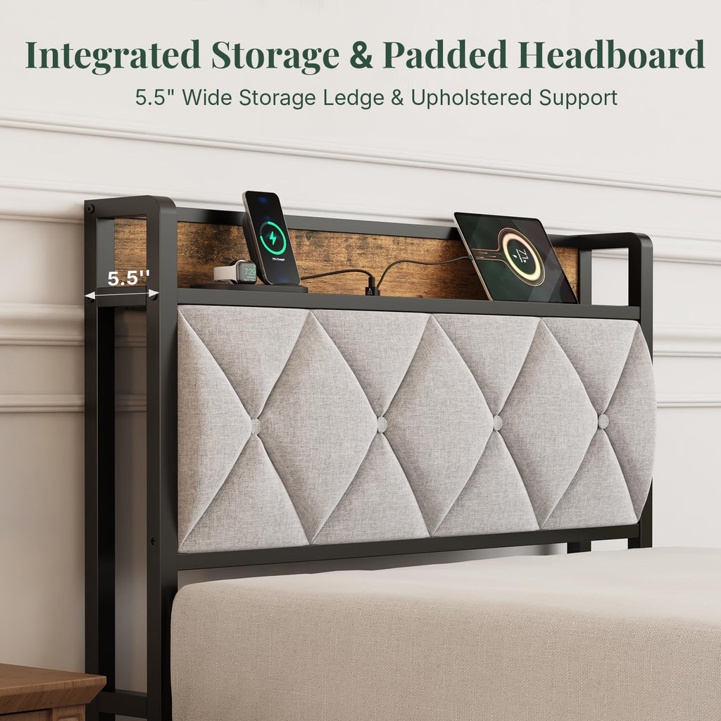 Twin Bed Frame with Upholstered Storage Headboard and USB Charging Station S7607
