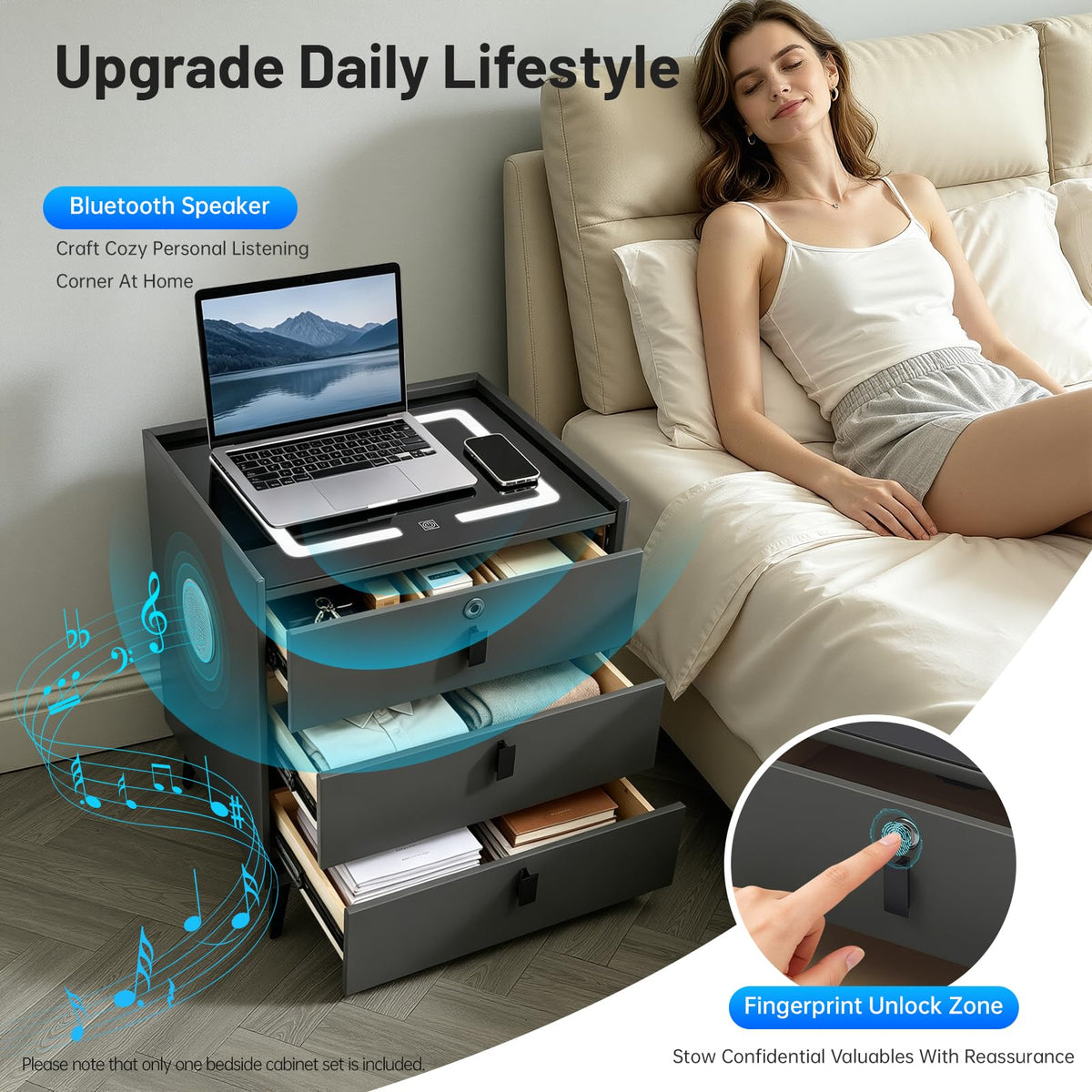 Fingerprint Lock Nightstand with USB & Wireless Charging and 3 Drawers J47079
