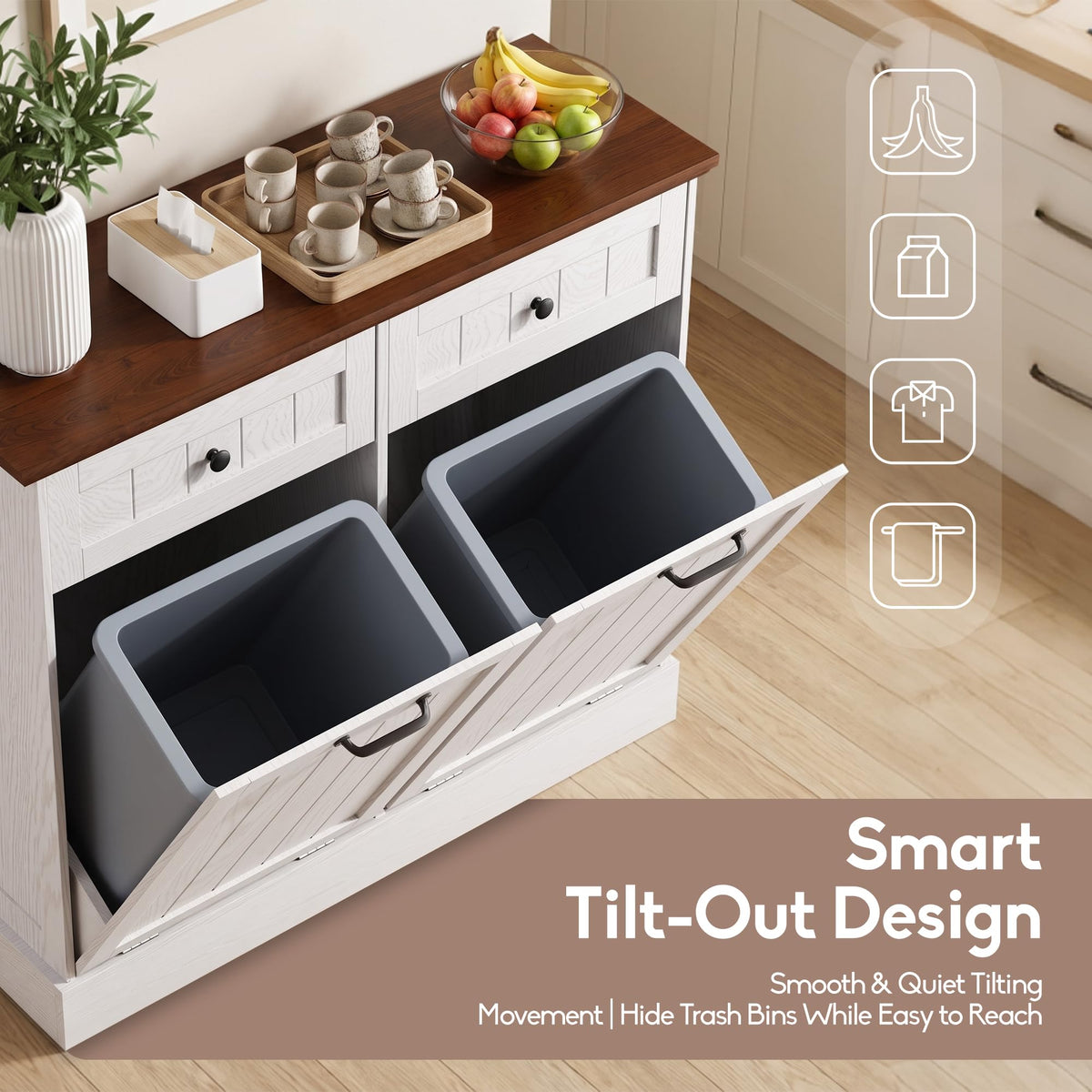 White 2x10 Gallons Tilt Out Trash Can Cabinet M8953