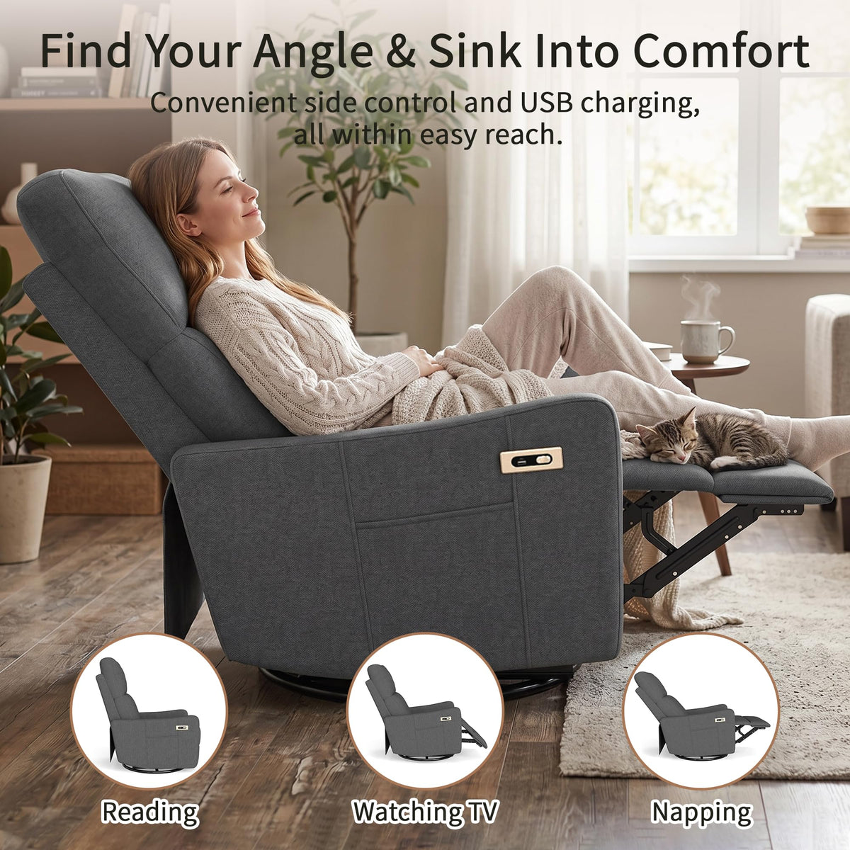 Dark Gray Velvet Swivel Recliner Chair I704