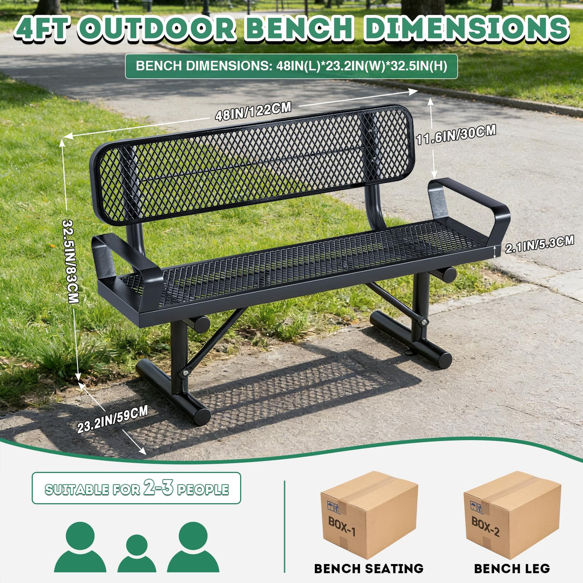 4FT Black Metal Garden Bench with Backrest O57161