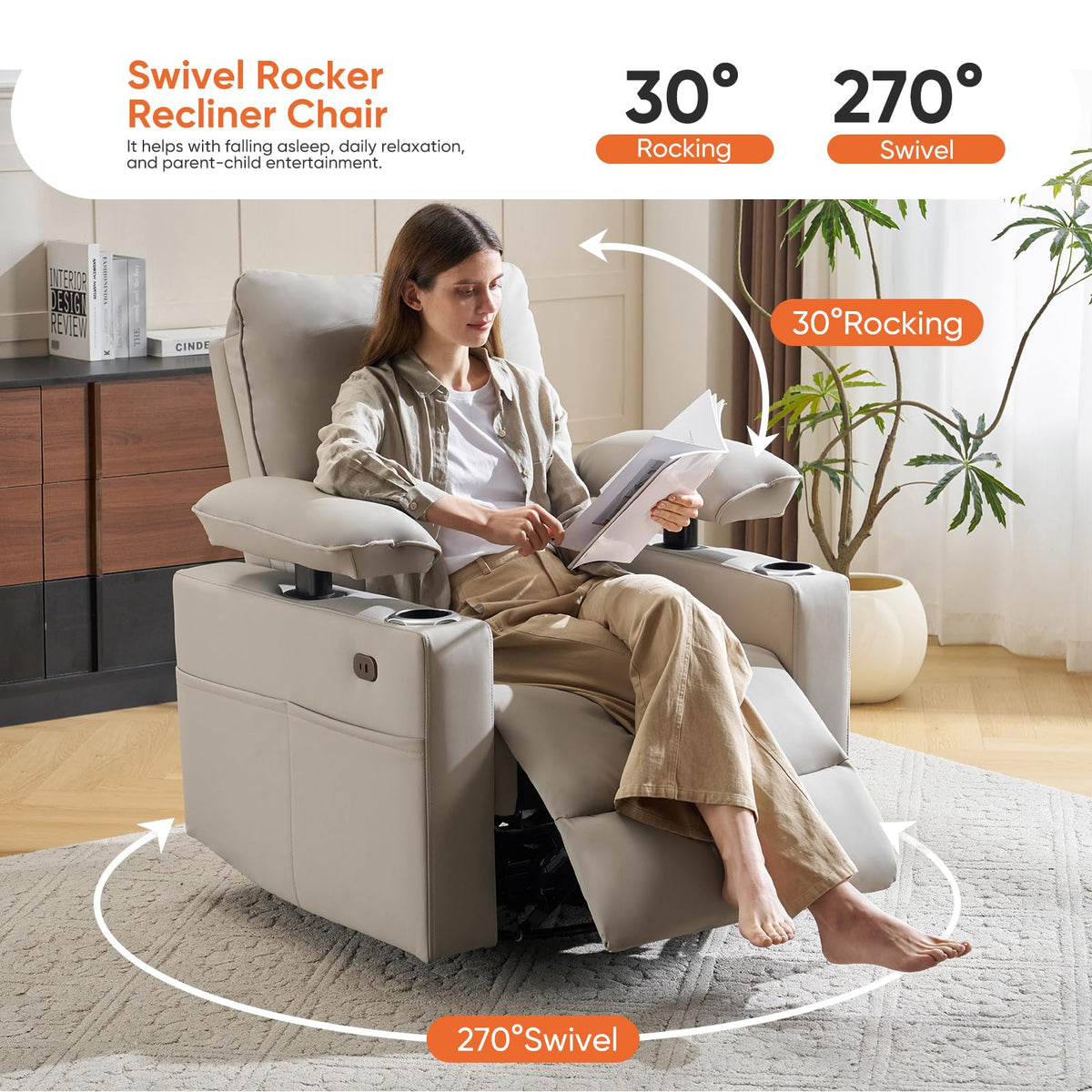 Oversized Power Swivel Rocker Recliner with Heating and Massage, Faux Leather, Grey R75185