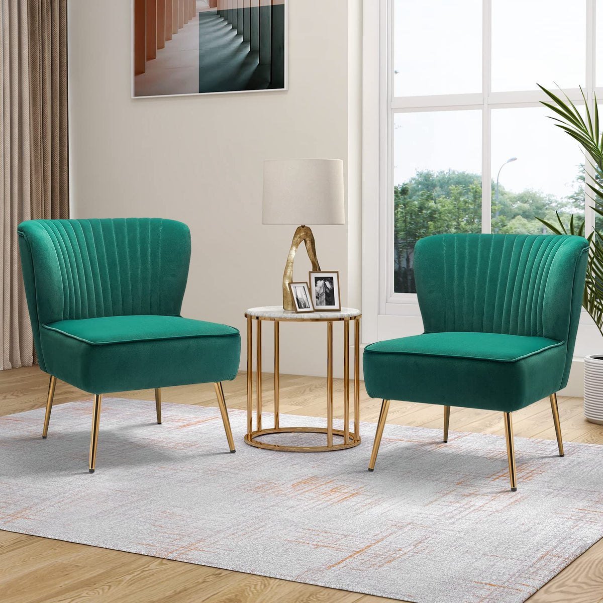 Velvet Accent Chair Set of 2 Emerald Green Wingback Armless Slipper Chair H6854