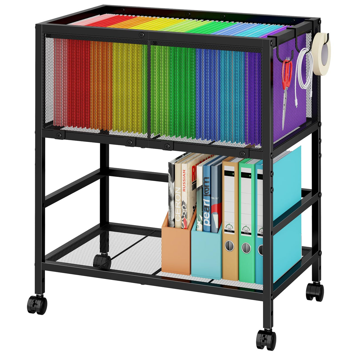 Black 2-Tier Rolling Metal File Cart with Storage Shelf G55528