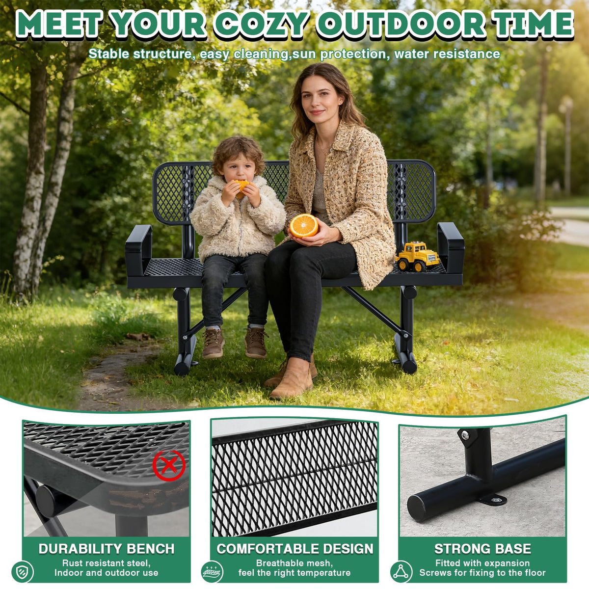 4FT Black Metal Garden Bench with Backrest O57161