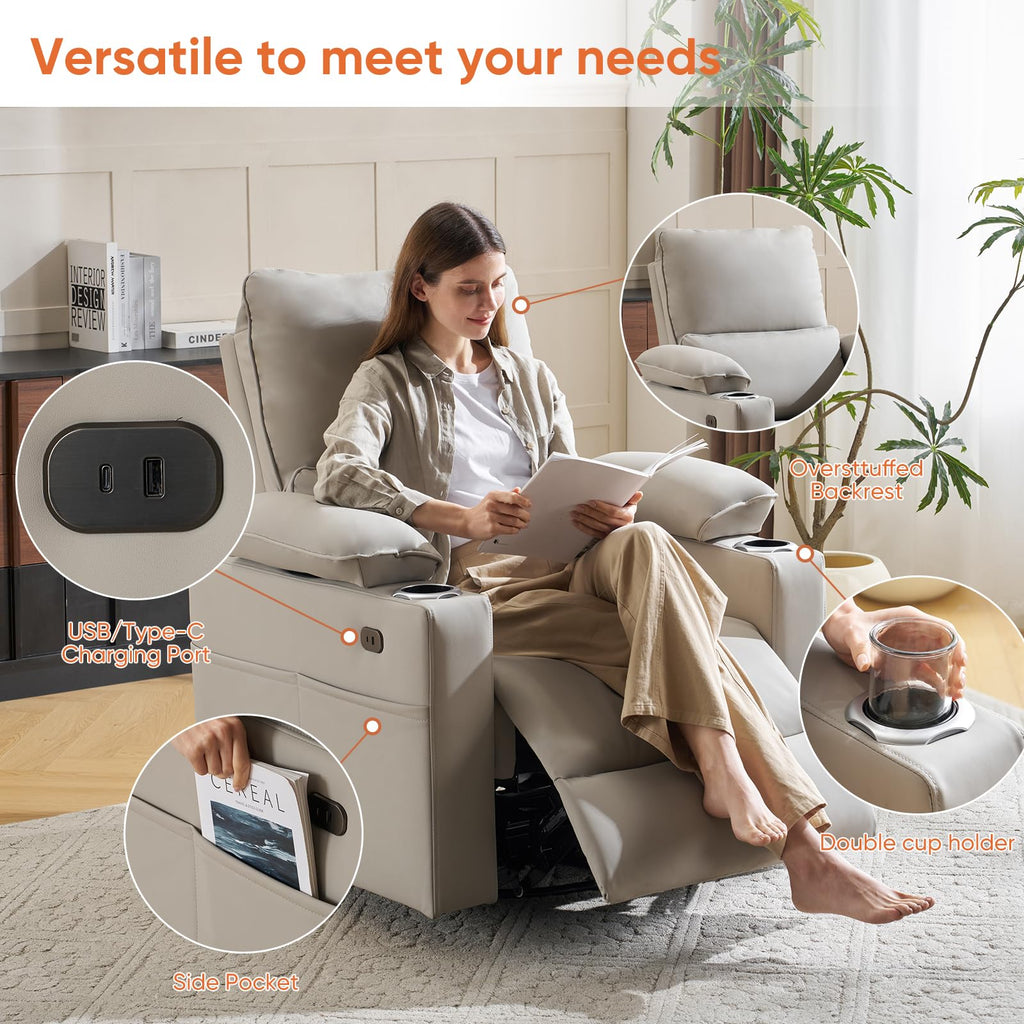 Oversized Power Swivel Rocker Recliner with Heating and Massage, Faux Leather, Grey R75185