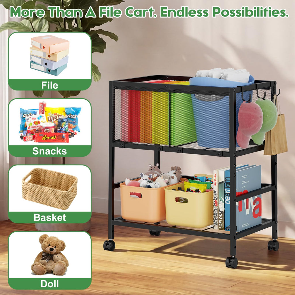 Black 2-Tier Rolling Metal File Cart with Storage Shelf G55528