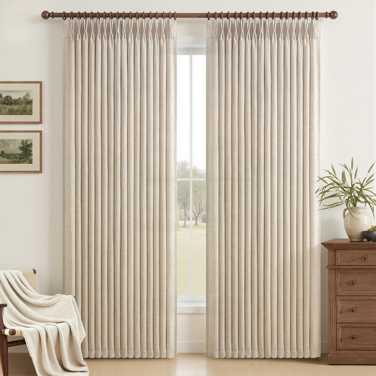 Natural Linen Pleated Curtains 86 Inches Long 50 Inch Wide 2 Panels Set N5769
