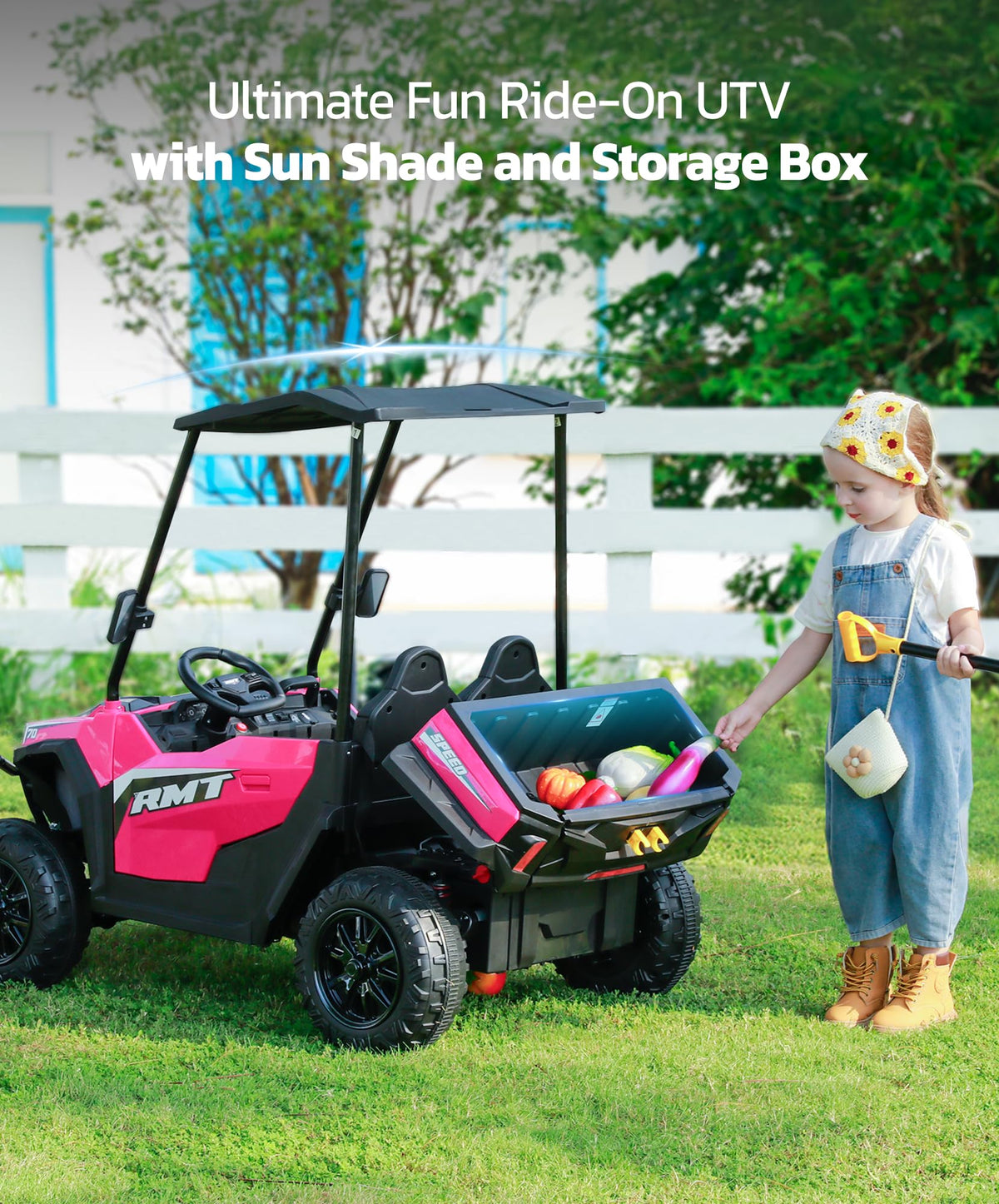 24V 2 Seater Ride on Car with Sun Shade Dump Bed Shovel Hot Pink X2957