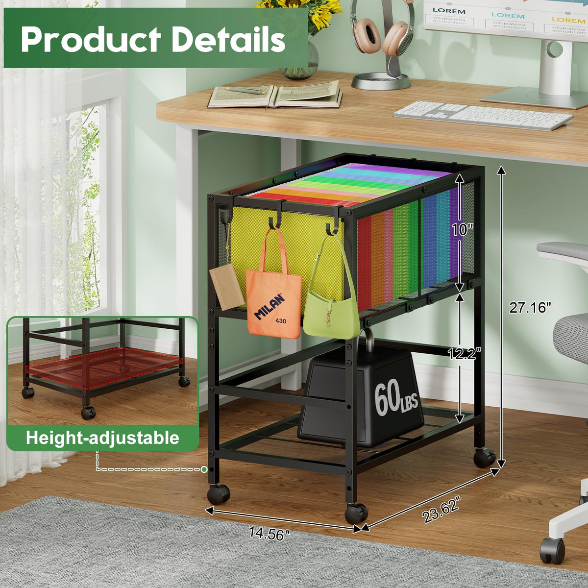 Black 2-Tier Rolling Metal File Cart with Storage Shelf G55528