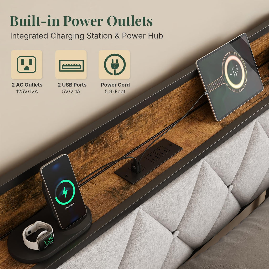 Twin Bed Frame with Upholstered Storage Headboard and USB Charging Station S7607