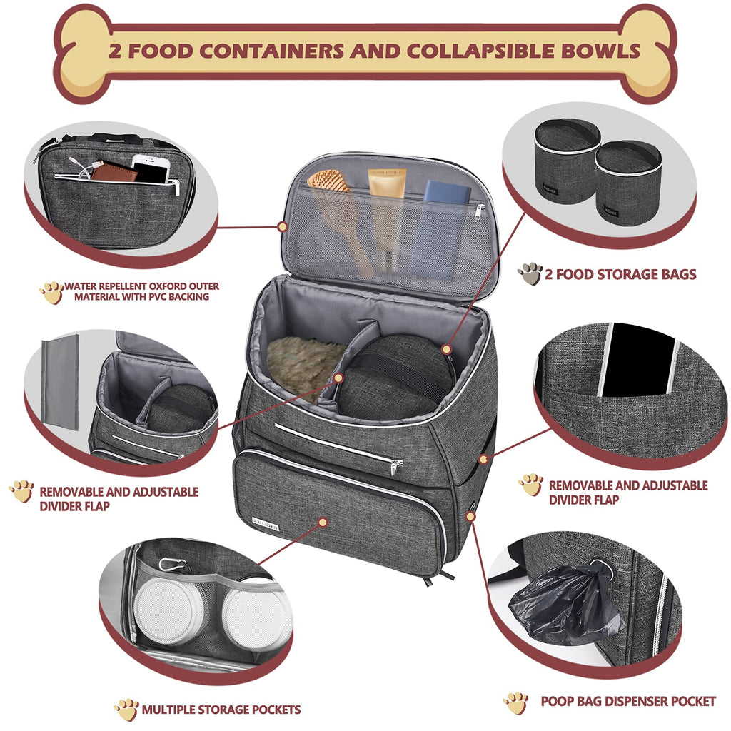 Dog Travel Bag Backpack with 2 Silicone Collapsible Bowls and 2 Food Baskets Grey S526