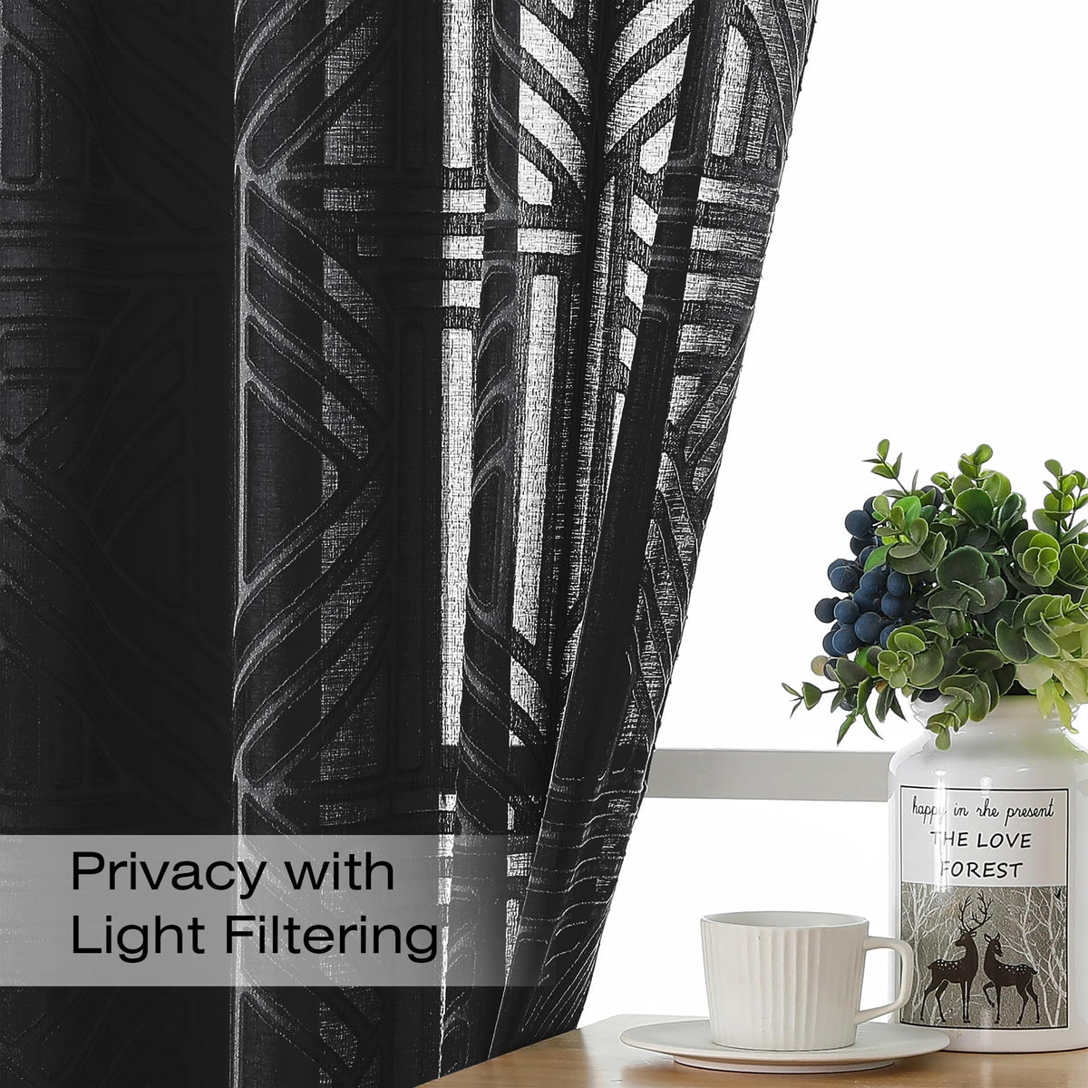 Black 72 Inch 2 Panels Geometric Jacquard Semi Sheer Curtains V93563