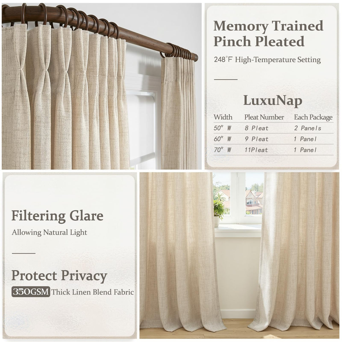 Natural Linen Pleated Curtains 86 Inches Long 50 Inch Wide 2 Panels Set N5769