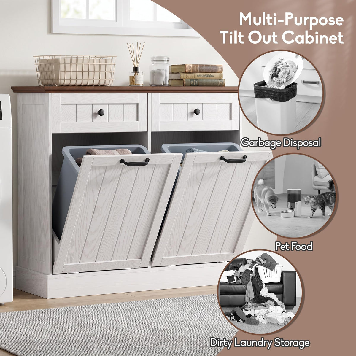 White 2x10 Gallons Tilt Out Trash Can Cabinet M8953