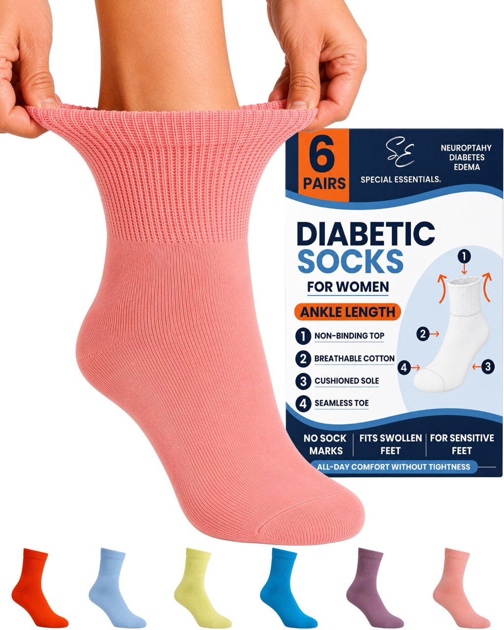 Women's Diabetic Ankle Socks, 6 Pairs, Non-Binding U7598