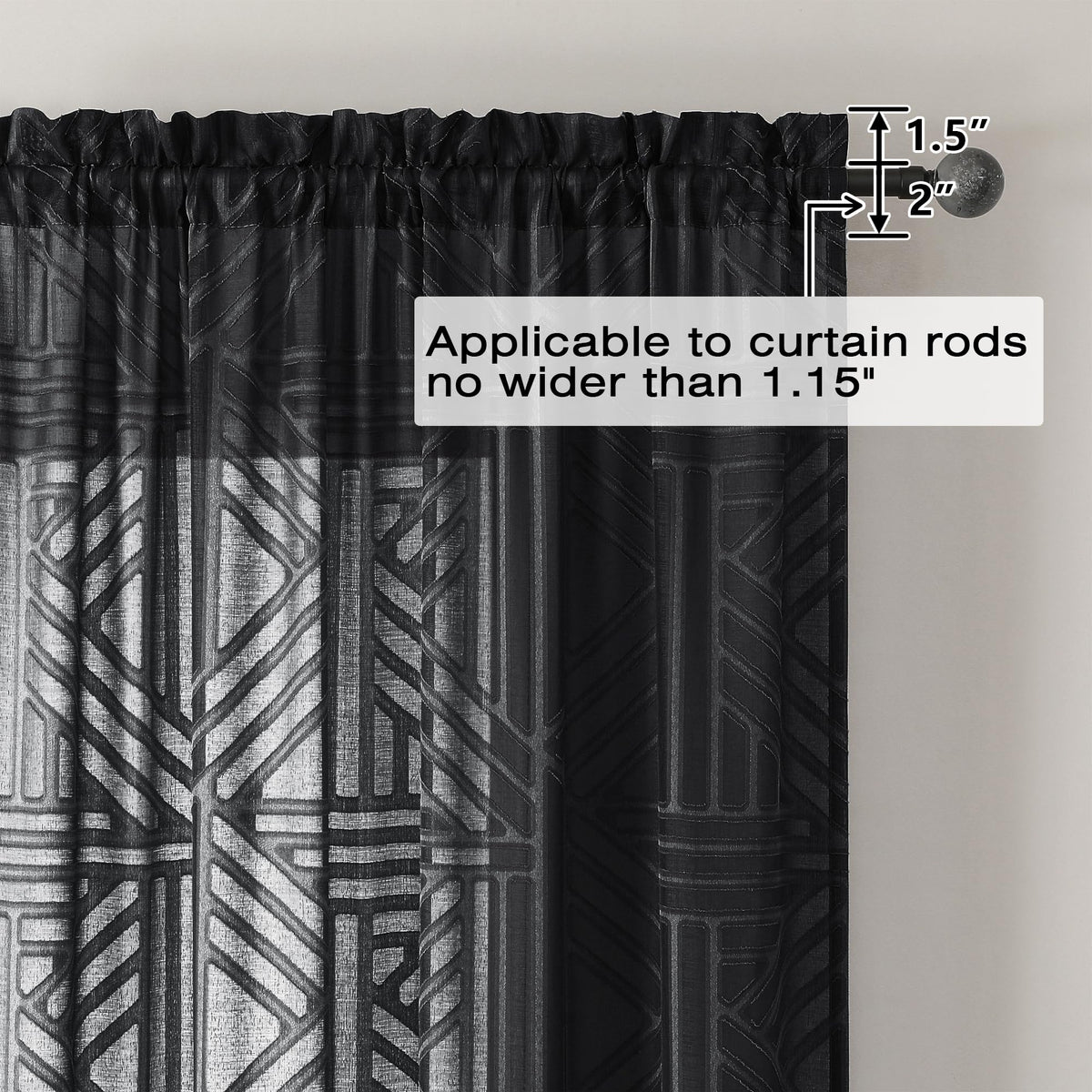 Black 72 Inch 2 Panels Geometric Jacquard Semi Sheer Curtains V93563