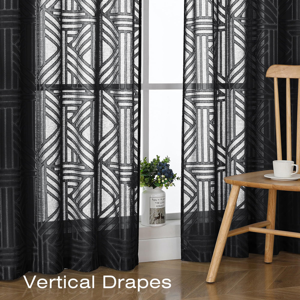 Black 72 Inch 2 Panels Geometric Jacquard Semi Sheer Curtains V93563