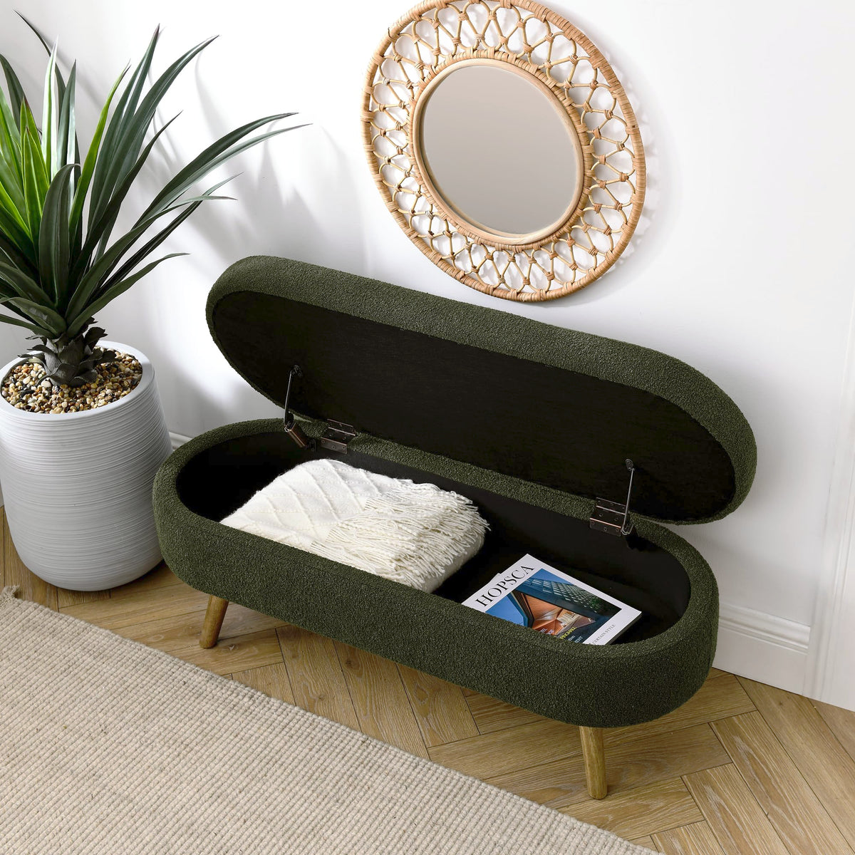 Oval Storage Bench with Rubber Wood Legs Green X5704