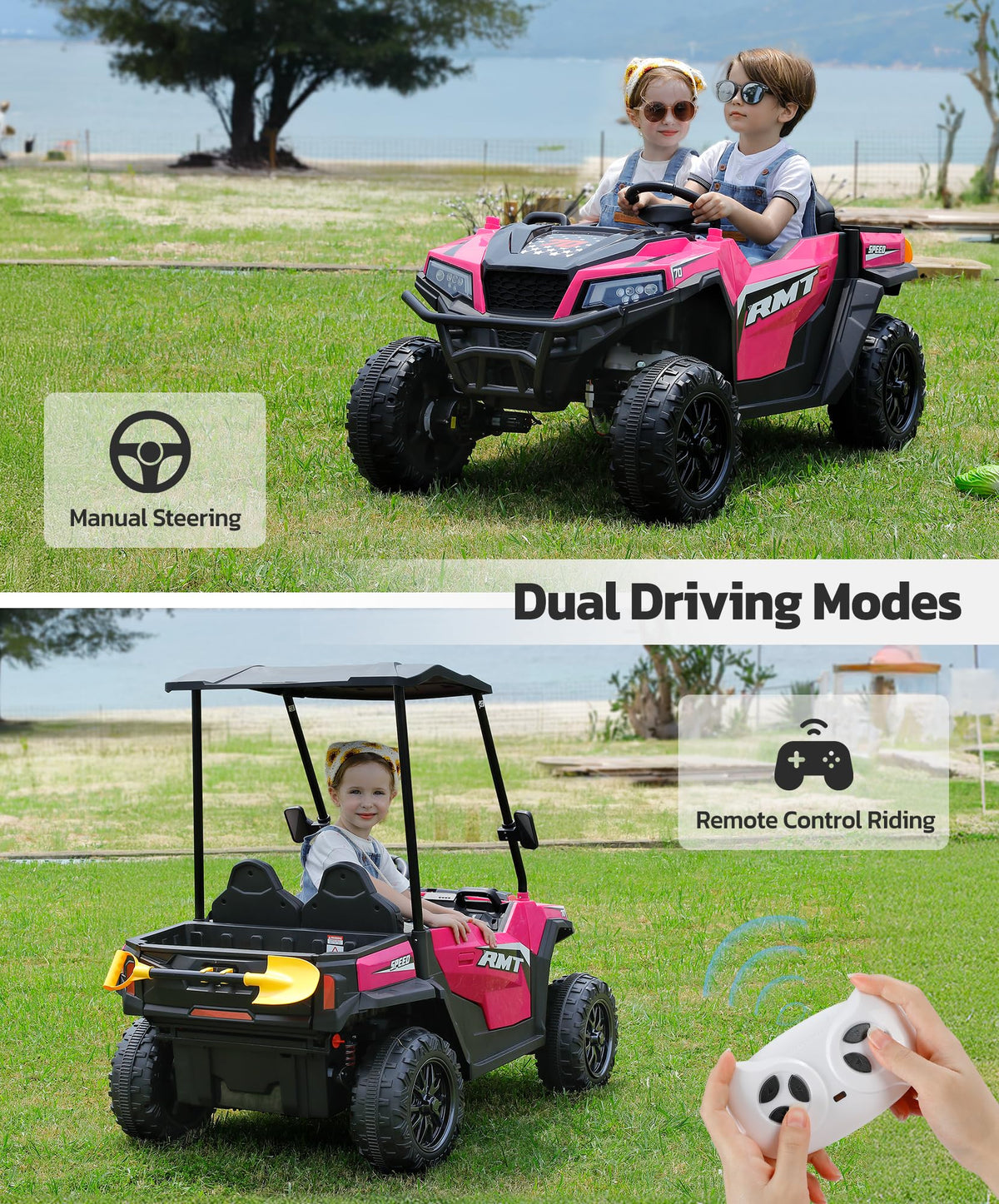 24V 2 Seater Ride on Car with Sun Shade Dump Bed Shovel Hot Pink X2957