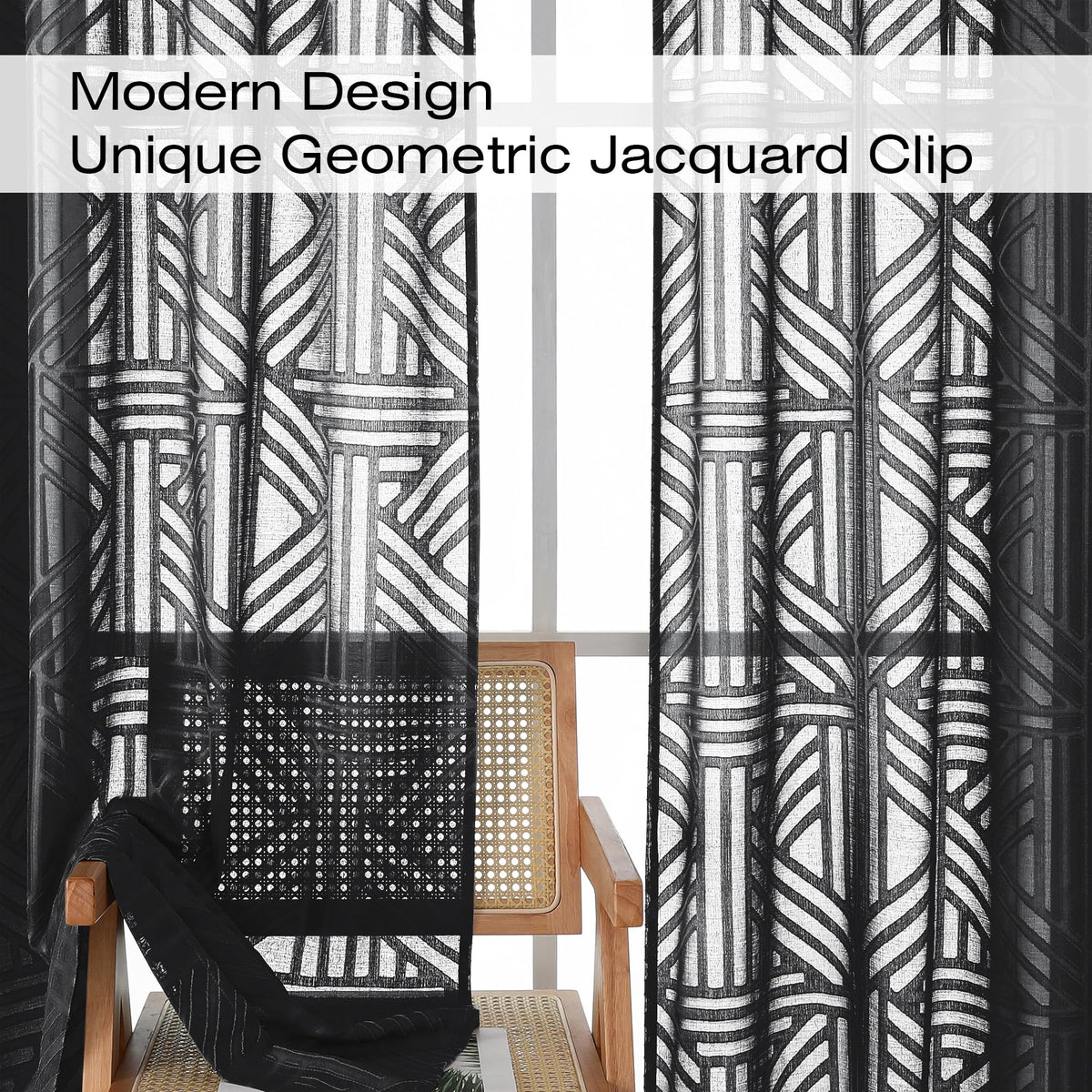 Black 72 Inch 2 Panels Geometric Jacquard Semi Sheer Curtains V93563