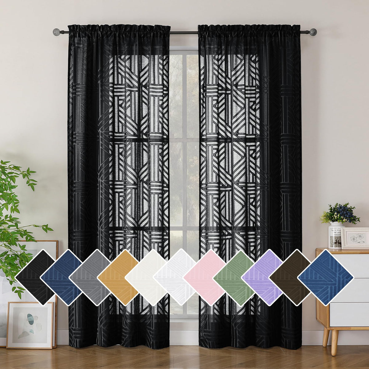Black 72 Inch 2 Panels Geometric Jacquard Semi Sheer Curtains V93563
