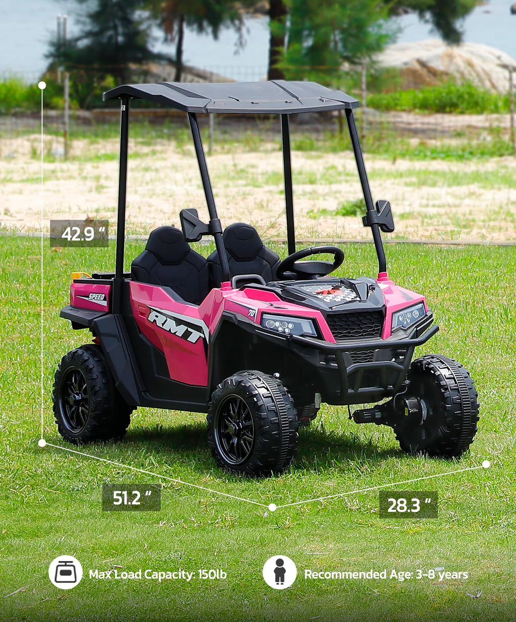 24V 2 Seater Ride on Car with Sun Shade Dump Bed Shovel Hot Pink X2957