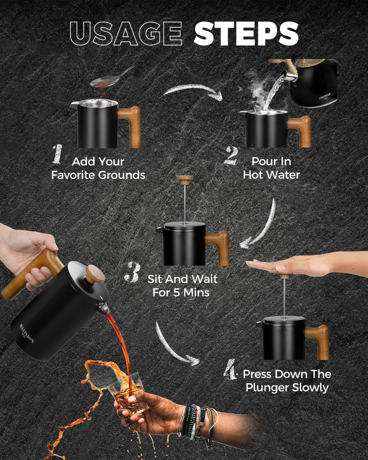 French Press Coffee Maker, 21oz, Black O924825